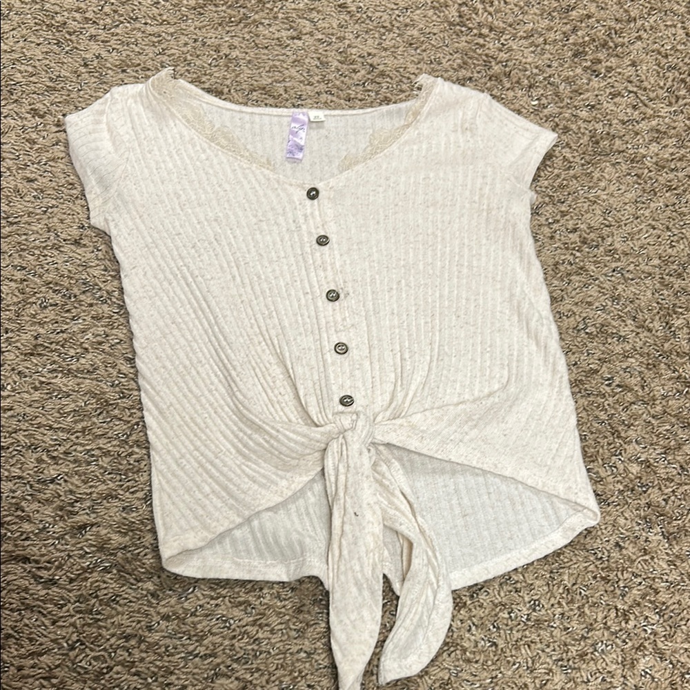 Cream Button-Down Tie-Front Top